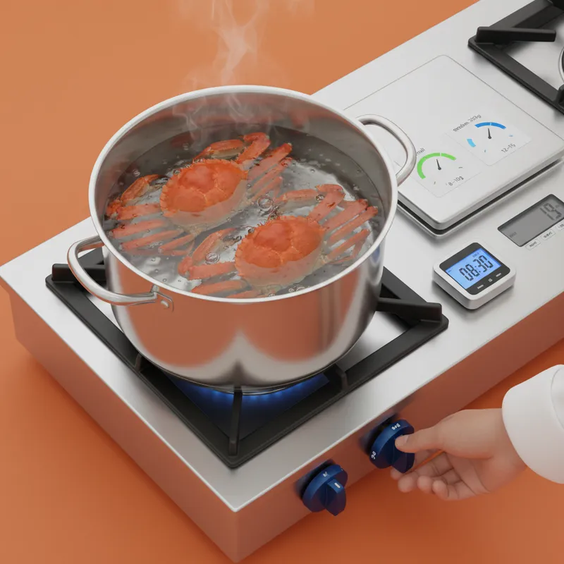 Bước 3: Kiểm soát mức sôi và bảng thời gian luộc cua chuẩn